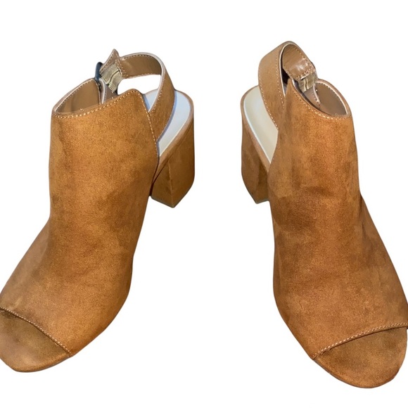 Bamboo Cognac Open Toe Back Faux Suede Vegan Bootie Block Heel Buckle Strap Boho - Picture 2 of 7